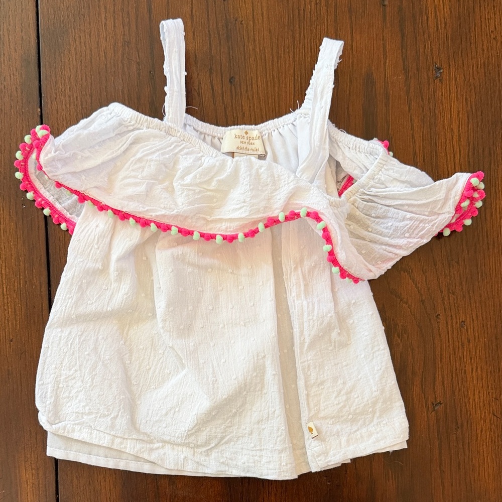 Girls' Kate Spade White Off-on Shoulder tank Top with Pink Pom Trim